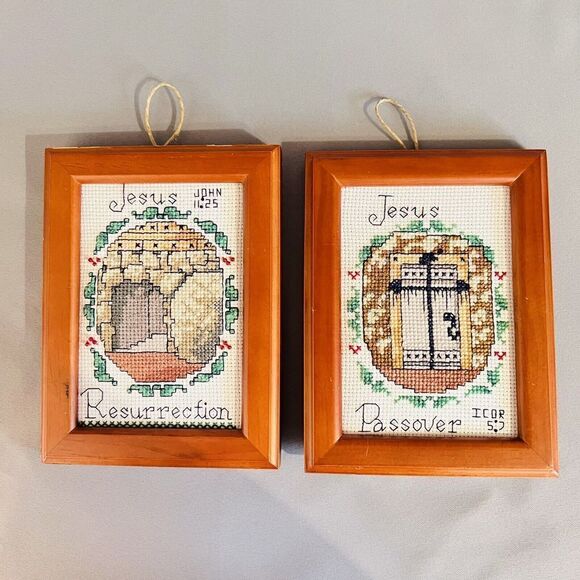 Vintage Other - 2 Vintage Cross Stitch Framed Jesus Christ Lord Resurrection Passover Religious